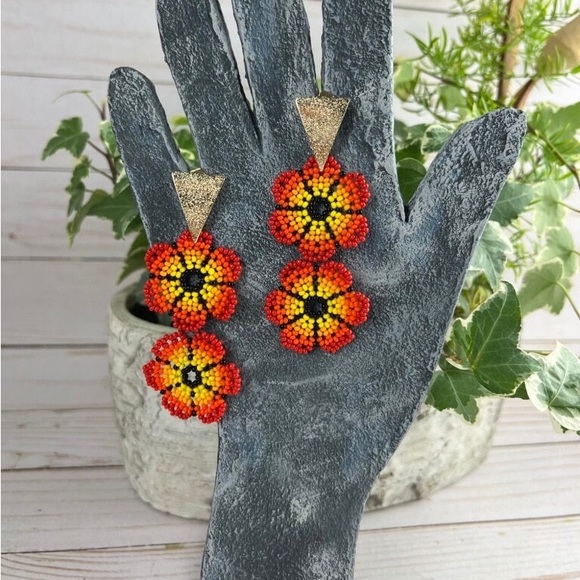 Red & Yellow Boho Flower Dangle Earrings - Seed Bead Floral Dangle Earrings - - Picture 4 of 4